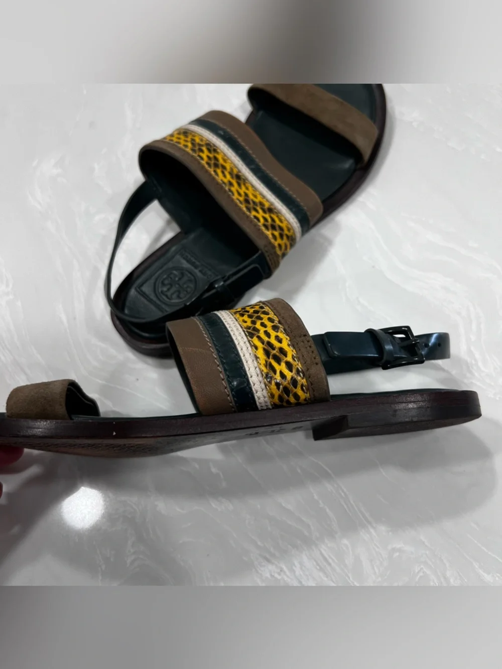 Tory Burch Edina Green Leather Colorblock Slingback SoHo Lux Sandals Women’s 5.5
